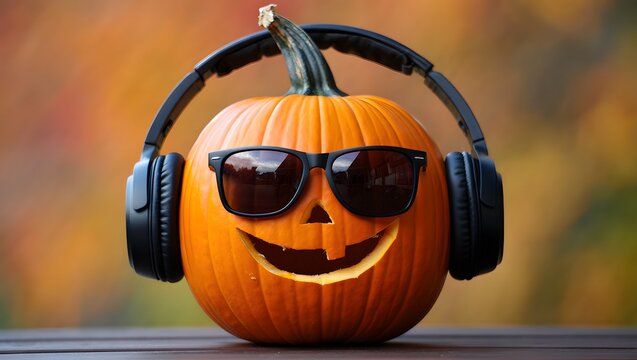 Happy Halloween Pumpkin DJ: Smiling Jack-o'-lantern with headphones and sunglasses, autumn background.
