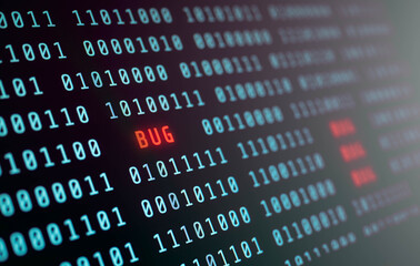 Binary code on screen with red glowing "BUG" text, symbolizing software malfunction, coding error, or system glitch. Ideal for tech content, debugging, and cybersecurity topics.