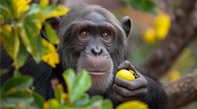 Chimpanzee Monkey Eating a Yellow Fruit in a Tree
