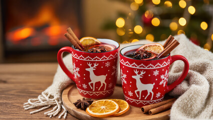 Cozy Christmas mulled wine in red mugs with reindeer pattern, cinnamon sticks, and dried orange slices by the fireplace and festive lights