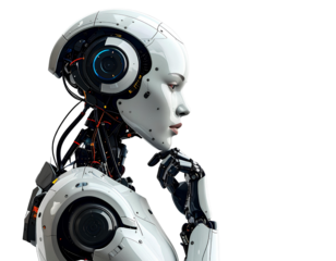 AI Robot Thinking, Side View, Isolated on a Transparent Background.