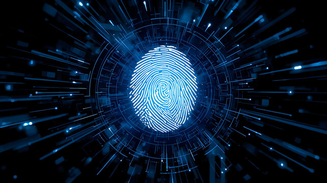 Futuristic digital fingerprint scanning technology with glowing blue energy
