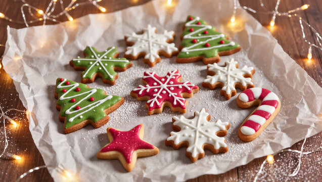 Christmas cookies shaped like trees, snowflakes, star and candy cane with colorful icing on parchment paper surrounded by festive lights on wooden table. - Powered by Adobe