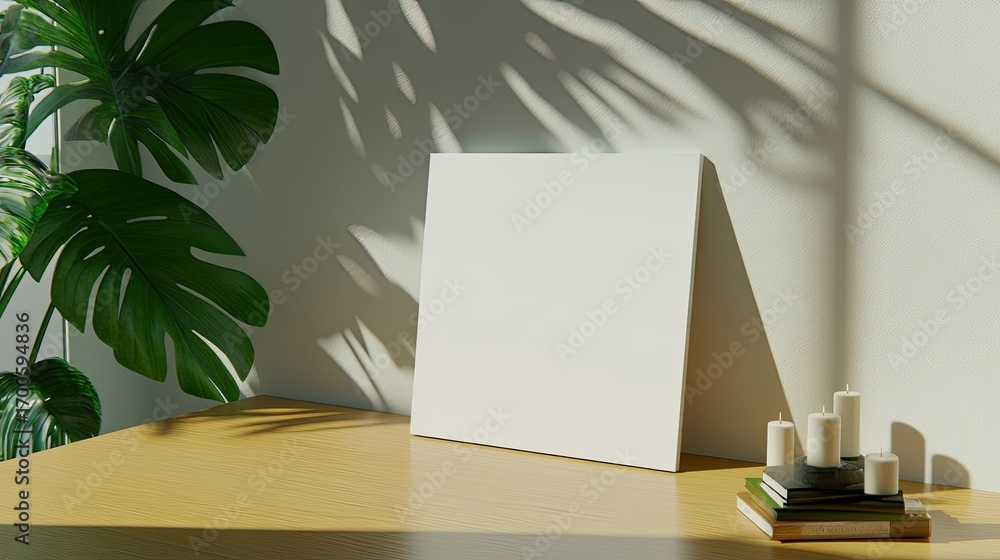 Poster a blank canvas sits on a rustic wooden table in a peaceful bedroom. lit candles in tall candlesticks