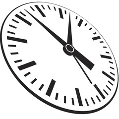 Black and white illustration of a clock face with hands