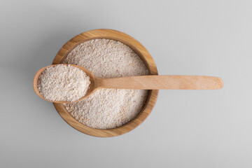 Organic coconut flour isolated on white background, healthy gluten-free baking ingredient, natural tropical flour. 