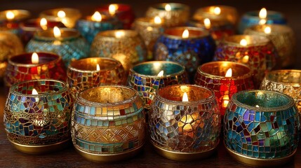 Glowing decorative candles in mosaic holders create a warm and festive mood on a dark wooden surface, perfect for special occasions and celebrations
