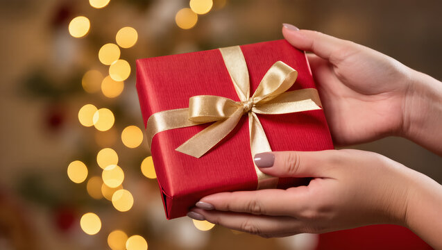 Christmas gift in red wrapping with golden ribbon held in hands against blurred festive lights background creating warm holiday celebration mood.