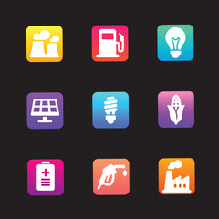 Energy Icons Set &ndash; Electricity, Renewable, Solar, Wind, Battery, Power