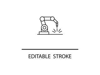 Modern robotic arm welding with sparks for industrial automation and manufacturing processes in a clean, contemporary line icon design.