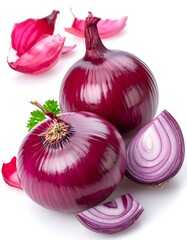 Two vibrant purple onions, sliced and whole