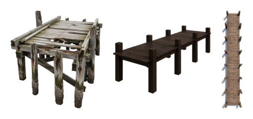 Wooden pier set including weathered, modern, and overhead view options isolated. Architectural elements and waterside structures.