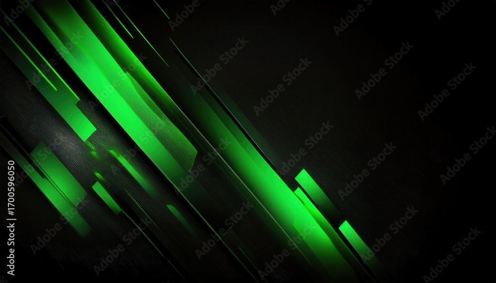 Poster glowing green abstract digital lines on black background with sleek geometric shapes perfect for mod