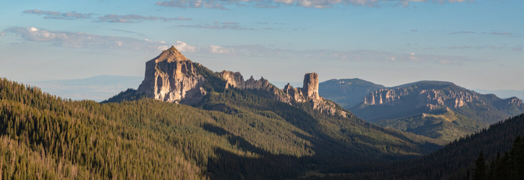 An early morning summer panorama of the unique Colorado 12er, Courthouse Mountain, located in the beautiful San Juan Mountains near Ouray, Colorado.