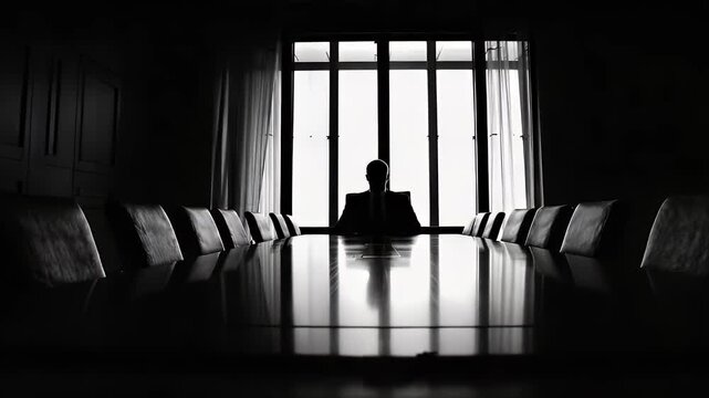 Powerful Silhouette of Executive in Dark Boardroom with Reflective Table