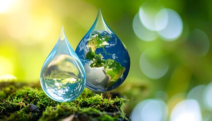 Two water droplets, Earth inside, nature background