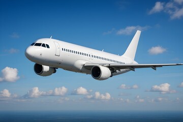 Obraz premium An all-white passenger jet with its landing gear down is shown against a clear blue sky with fluffy white clouds, appearing to be either taking off or landing.