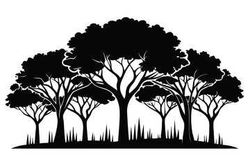 Silhouette of a Forest with Dense Trees and Grass in Black and White Style