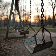 Weathered metal swings hang from corroded chains in a park, bathed in the warm, fading light of dusk.
