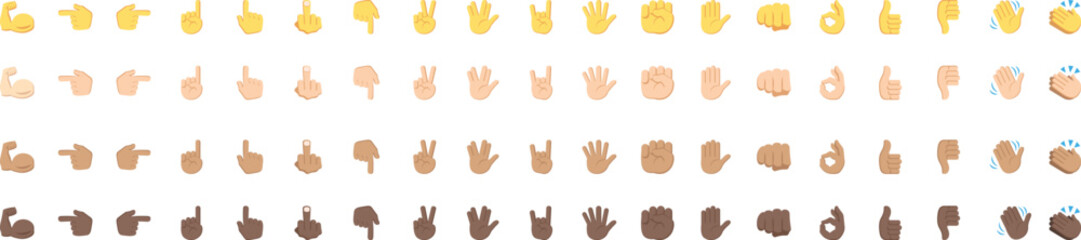 Diverse hand gesture emoji set in multiple skin tones with expressive signs and symbols. Inclusive vector icons perfect for digital communication, design, and creative projects. Universal gesture pack