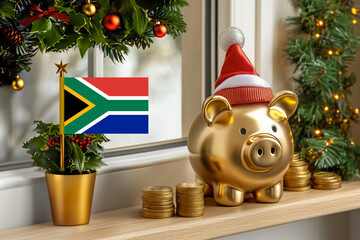 Flag of South Africa on a potted holly plant and golden piggy bank with hat and coins,sorrounded by festive decorations during Christmas holiday season.Business,finance and economy concept.