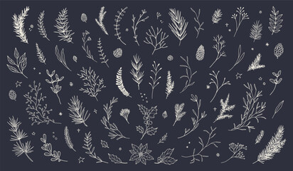 Christmas set of hand drawn floral decorations. Winter fir branches, plants, berries, flowers, cones, coniferous greenery, mistletoe, poinsettia, snowflakes. Vector line art illustration