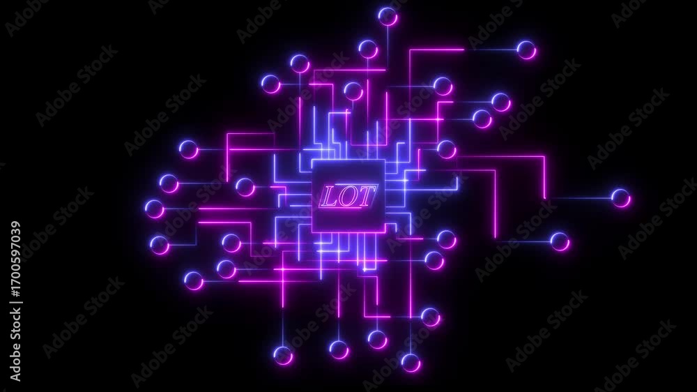 Poster lot network technology animation on purple or blue color circuit board. lot connectivity with circui