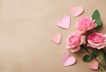 Fototapeta premium Pastel pink hearts and roses on beige background