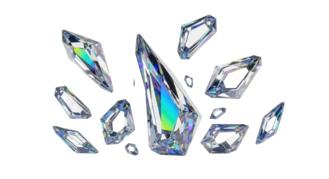 Macro photo of dynamically scattered iridescent synthetic crystal shards, showing vibrant blues, purples, and greens, on a transparent studio background with soft shadows, concept of scientific