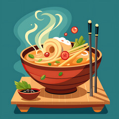 Delicious noodle bowl with fresh vegetables and sesame seed topping , Ai Generated 