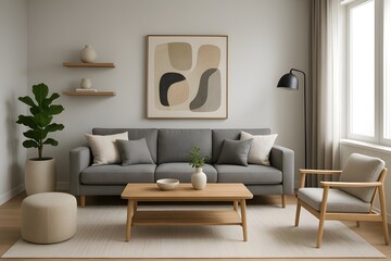 A bright and modern living room with a light gray sofa, a wooden coffee table, and an abstract art print.