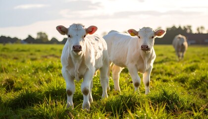 Two white calves in a grassy field