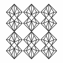 Fototapeta premium A repetitive pattern of nine abstract geometric shapes resembling stylized diamonds with intricate internal lines arranged in a grid.