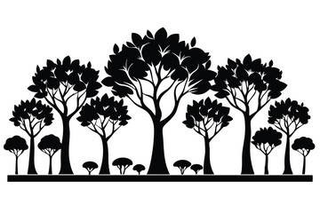 Fototapeta premium Black Silhouette of a Forest with Deciduous Trees and Bushes Graphic Illustration