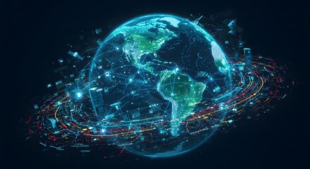 Obraz premium An illuminating digital world with interconnected data, global network, and technology. The globe is surrounded by rings of digital connections, visualizing the flow of information. 