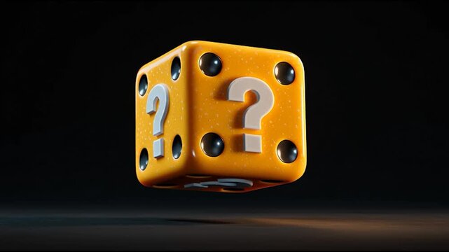 A vivid 3D rendering of a yellow die with question marks, set against a dark background, symbolizing uncertainty or chance.