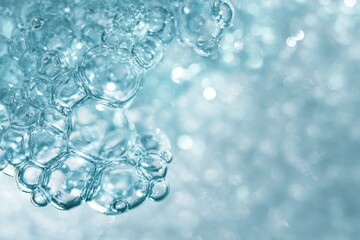 Close-up of translucent, light-blue bubbles against a soft, out-of-focus background of shimmering light