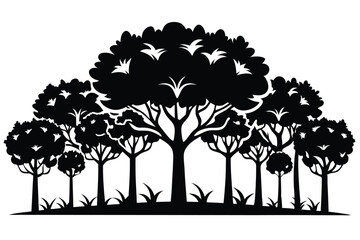 Silhouette Illustration Featuring a Forest Scene with Various Trees and Ground Cover Design