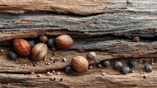 Variety of small assorted seeds and tiny pebbles resting on rough wood surface in close-up