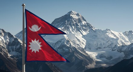 Nepalese flag waving proudly against a backdrop of the majestic snow-capped Everest