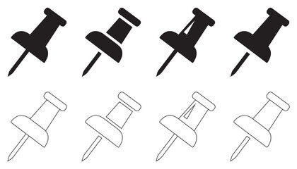 Push Pin Icon Set in Flat, Outline and Silhouette Style for Bulletin Boards and Reminders