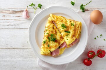 Two halves of a savory, folded omelet with ham, garnished with parsley, atop a white plate.  A light colored wooden surface and fresh ingredients surround the dish