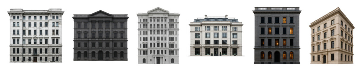 Obraz premium Ornate building facades set including neoclassical, classic, and simplified architectural styles isolated. Urban design and city backdrop elements.