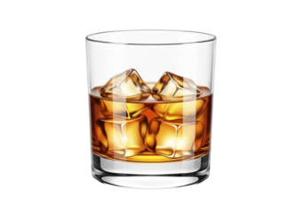 Glass of whiskey with ice cubes isolated on transparent background