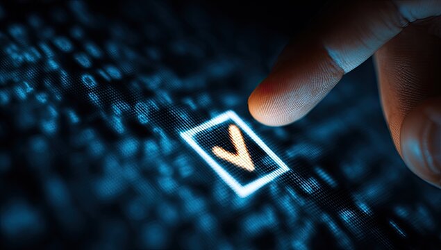 Fingertip touches a glowing checkmark on a digital screen displaying binary code