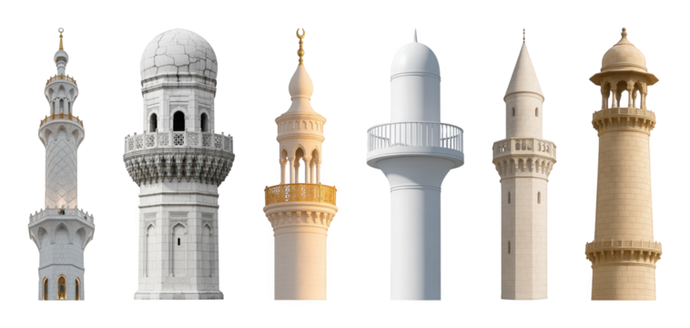 Minaret set including diverse styles, stone types, domed tops, pointed spires, and balconies isolated. Islamic architecture elements.