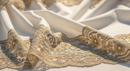 Elegant Gold Lace Trim on White Fabric Close Up