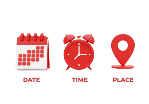 Calendar, alarm clock, and location pin isolated on transparent background