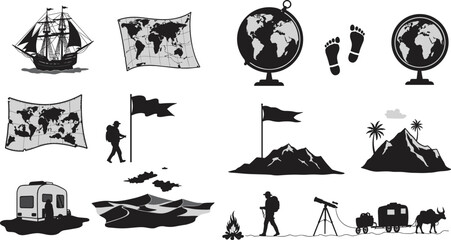 Exploration icons, world maps, globes, sailing ship, footprints, mountains with flag, hiking traveler, desert dunes, campfire, telescope, caravan travel, adventure, navigation, journey