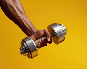 Close-up of a dark-skinned hand holding a dumbbell against a bright yellow background.  Muscle definition is visible